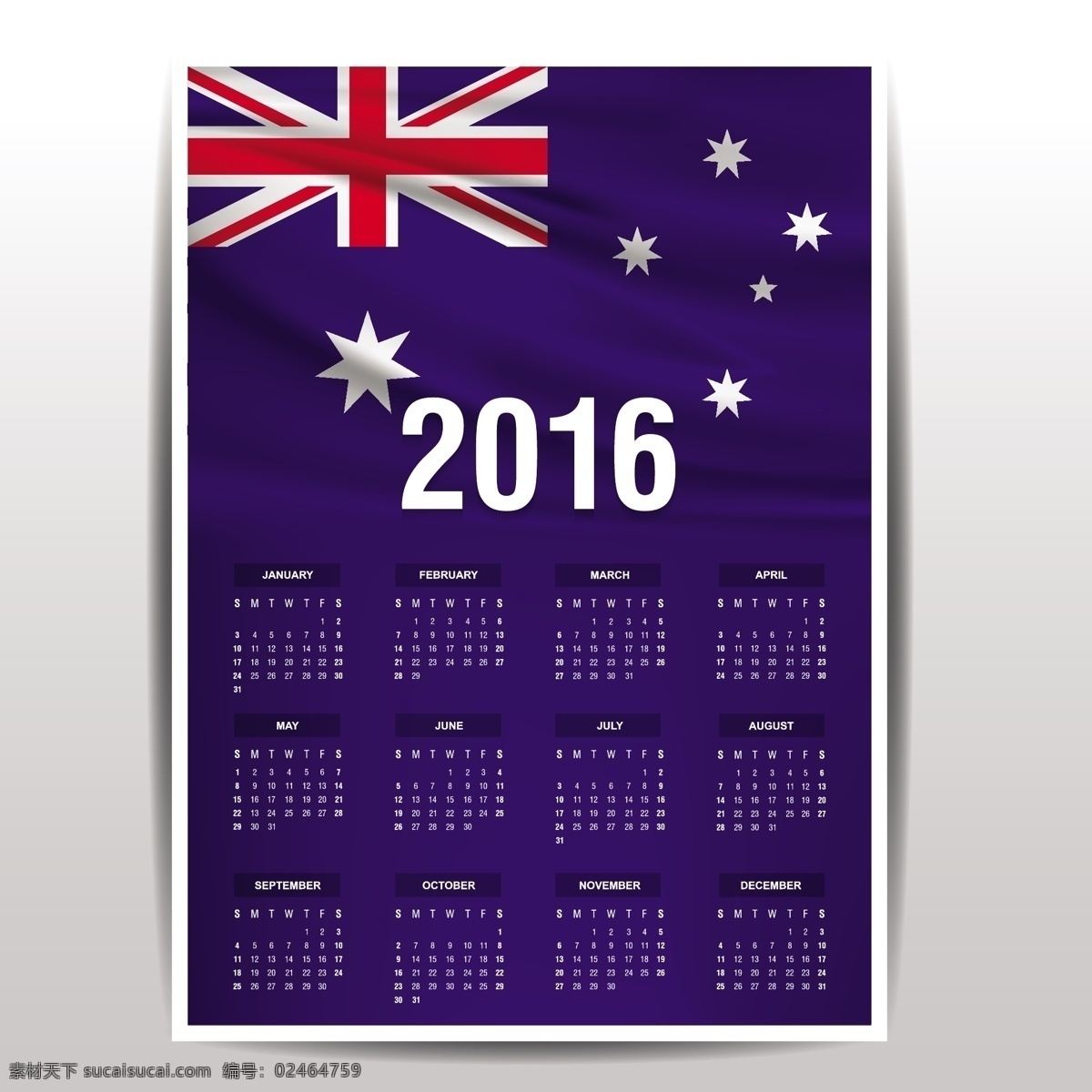 澳大利亚 2016 日历 标志 模板 时间 数字 年份 国家 日期 时间表 日记 游行 一天 一个月 计划 爱国 一月 十二月 周 白色