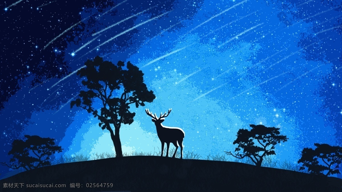梦幻 星空 下 鹿 仰望 治愈 插画 海报 配 图 星星 自然 动物 壁纸 梦话星空 夜晚 蓝色调 配图