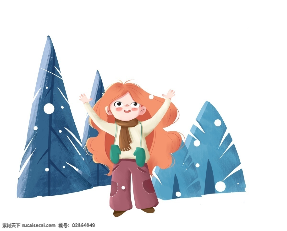 手绘 冬季 可爱 女孩 插画 手绘清新女孩 冬季可爱女孩 雪松 下雪天 堆雪人 雪景 冬日情趣 卡通儿童插画