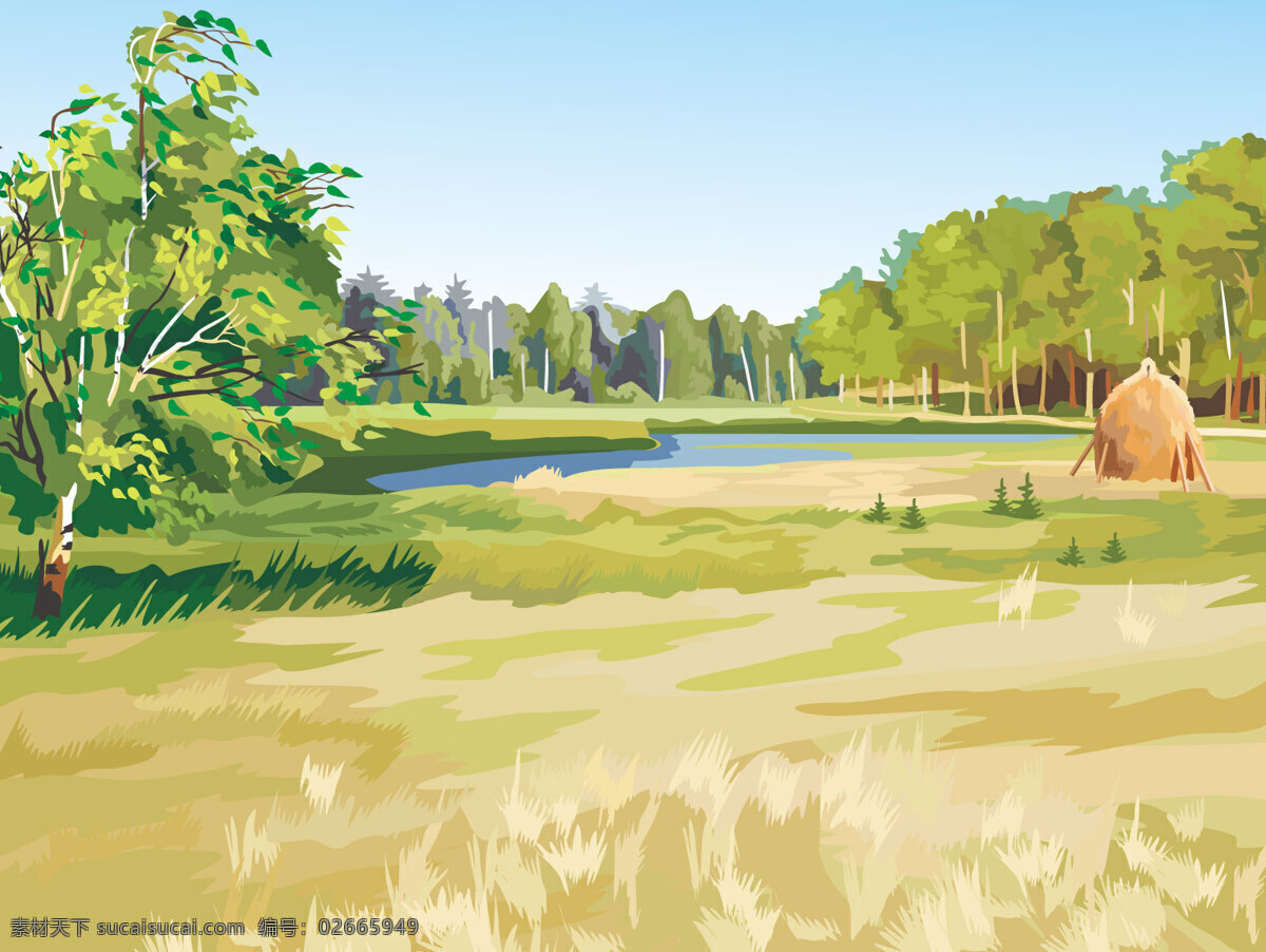 野景 湖水 湖 树 天空 草地 绿色 草堆 动漫风景 风景漫画 动漫动画