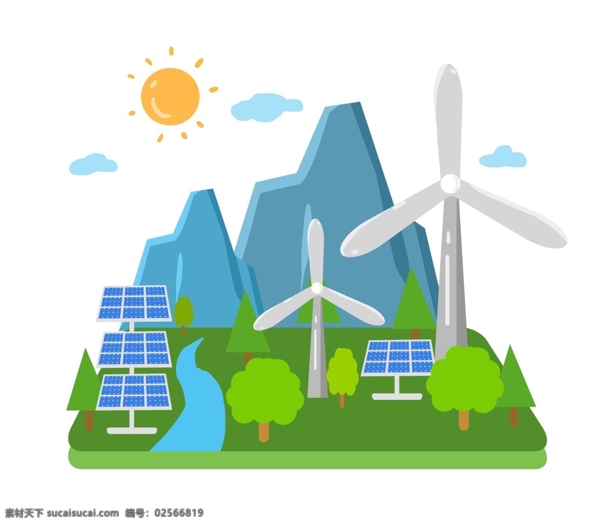风车 环保 节能 减排 火红的太阳 卡通插画 风车环保 风力发电 节约能源 节能减排 绿色的大树