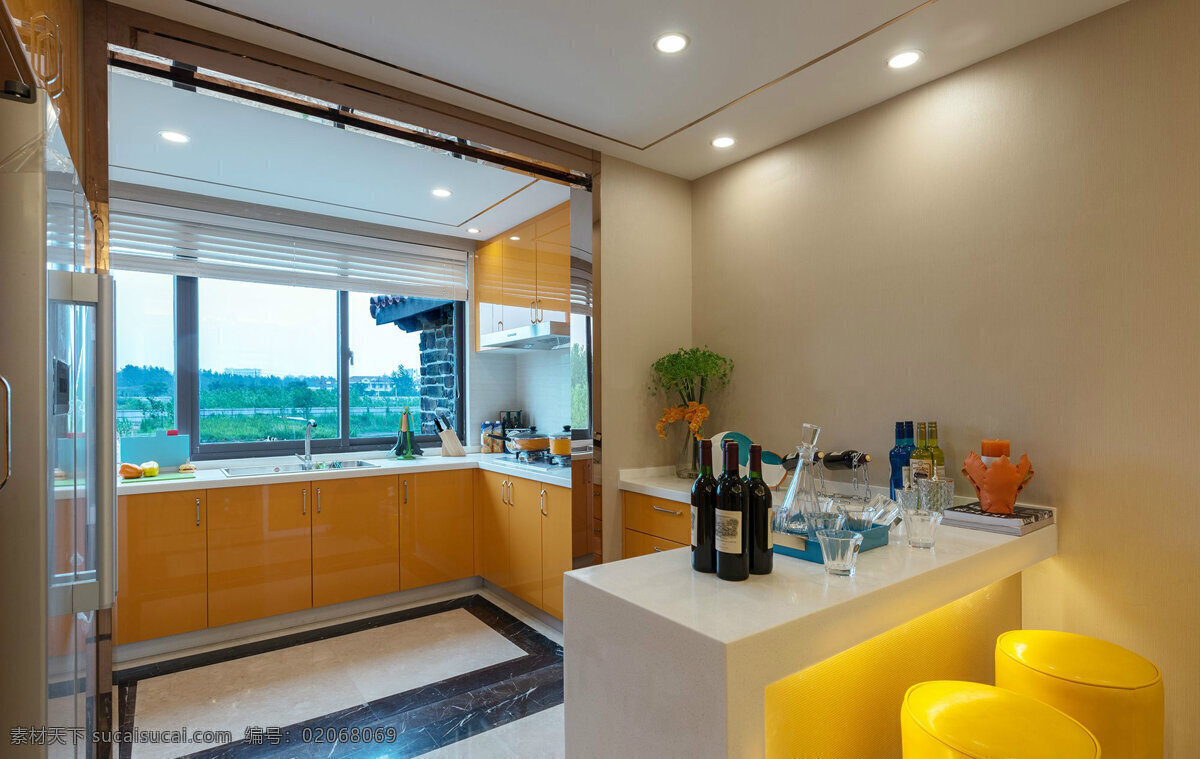 现代 清新 厨房 白色 灶台 室内装修 效果图 厨房装修 瓷砖地板 瓷砖背景墙 黄色凳子