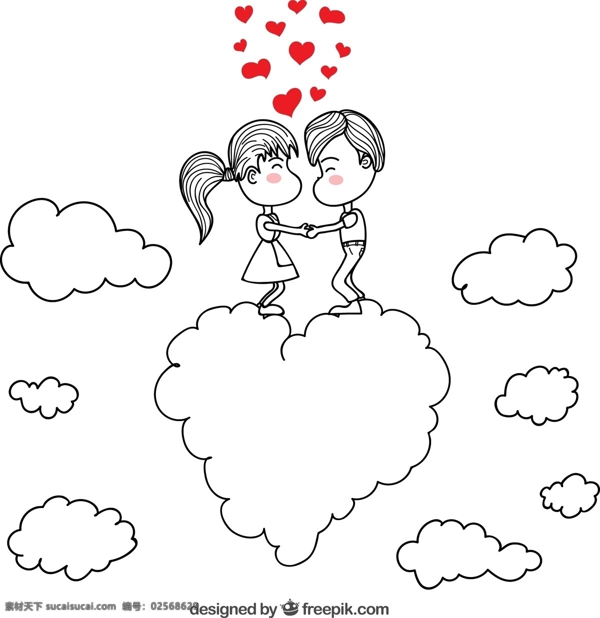 云朵 上 情侣 爱心 手绘 情人节 矢量图 矢量 高清图片