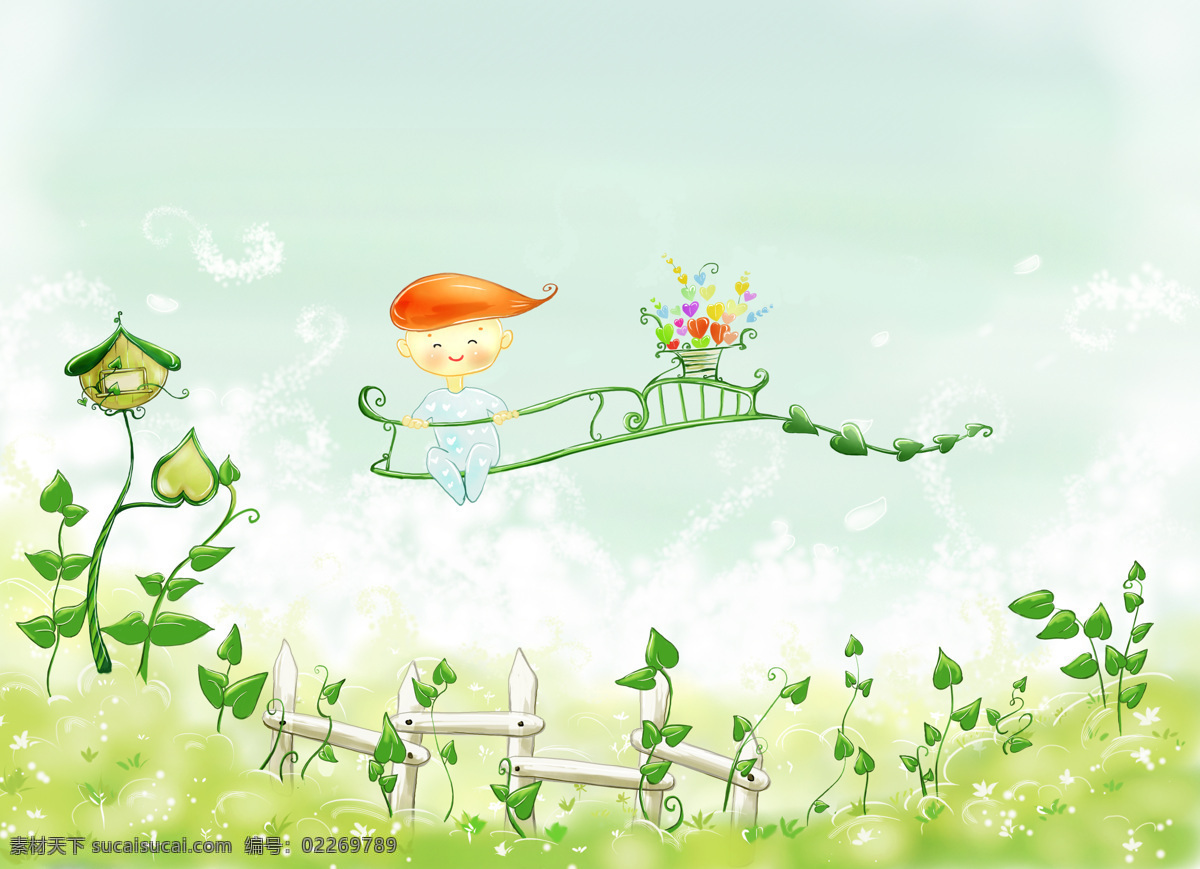 春之娇09 高清晰图片 卡通素材 天空 草地 宝宝 栅栏 花草 动漫动画 风景漫画 设计图库