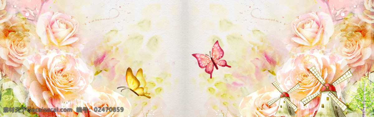 唯美 牡丹 飞舞 蝴蝶 淘宝 banner 背景