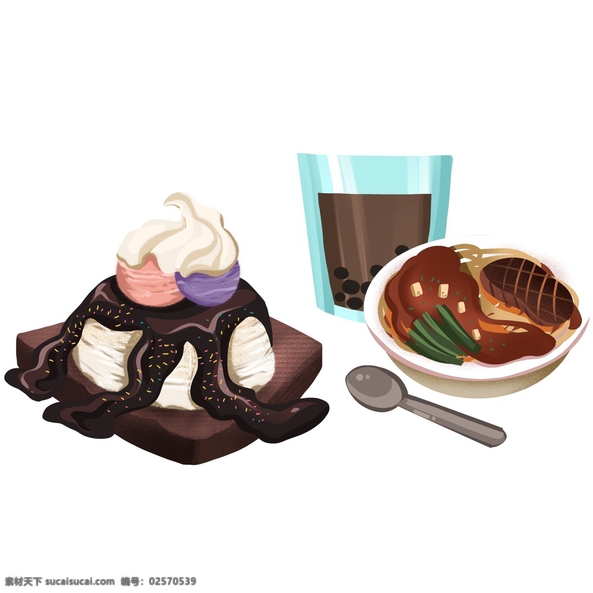 晚餐 甜点 卡通 美食 元素 插画 食物 蛋糕 奶茶 手绘 食物设计