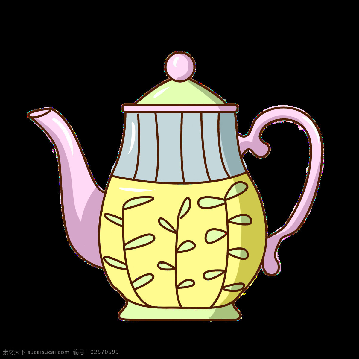 手绘 叶子 茶壶 插画 黄色的插画 黄色的叶子 漂亮的茶壶 卡通茶壶 粉色的壶把 手绘茶壶茶壶
