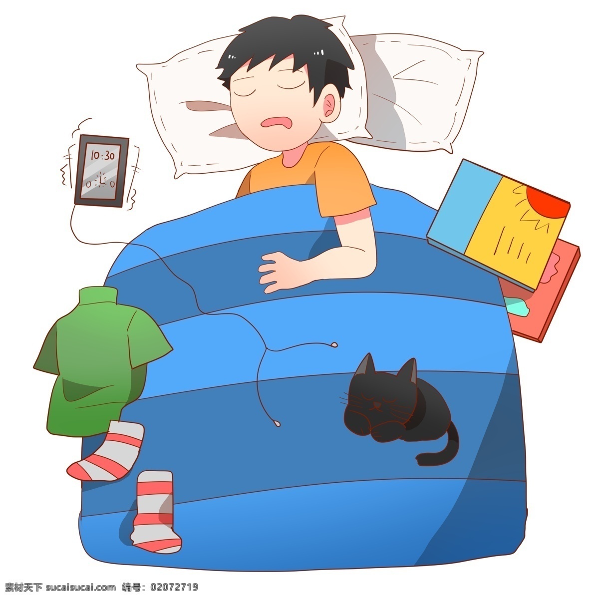 手绘 睡着 宅 男 插画 黑色的猫咪 蓝色的被子 睡觉的男孩 卡通插画 手绘宅男插画 宅在家的男孩