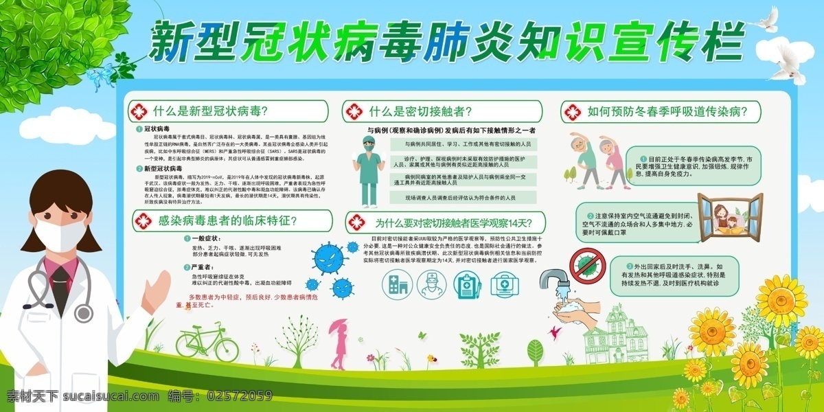 新型 冠状 病毒 肺炎 知识 宣传栏 新冠病毒概述 临床特征 图文并茂 绿色 医生 口罩 预防