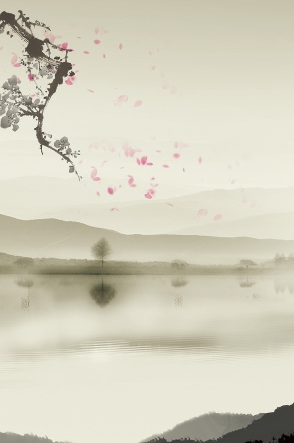 水墨山水 水墨 山水 梅花 花瓣 山水背景 背景 水墨背景 梅花画 梅花背景 花瓣图 山水画 唯美 湖泊 纯色山水 纯色 笔墨 水彩画 墨画 分层 源文件