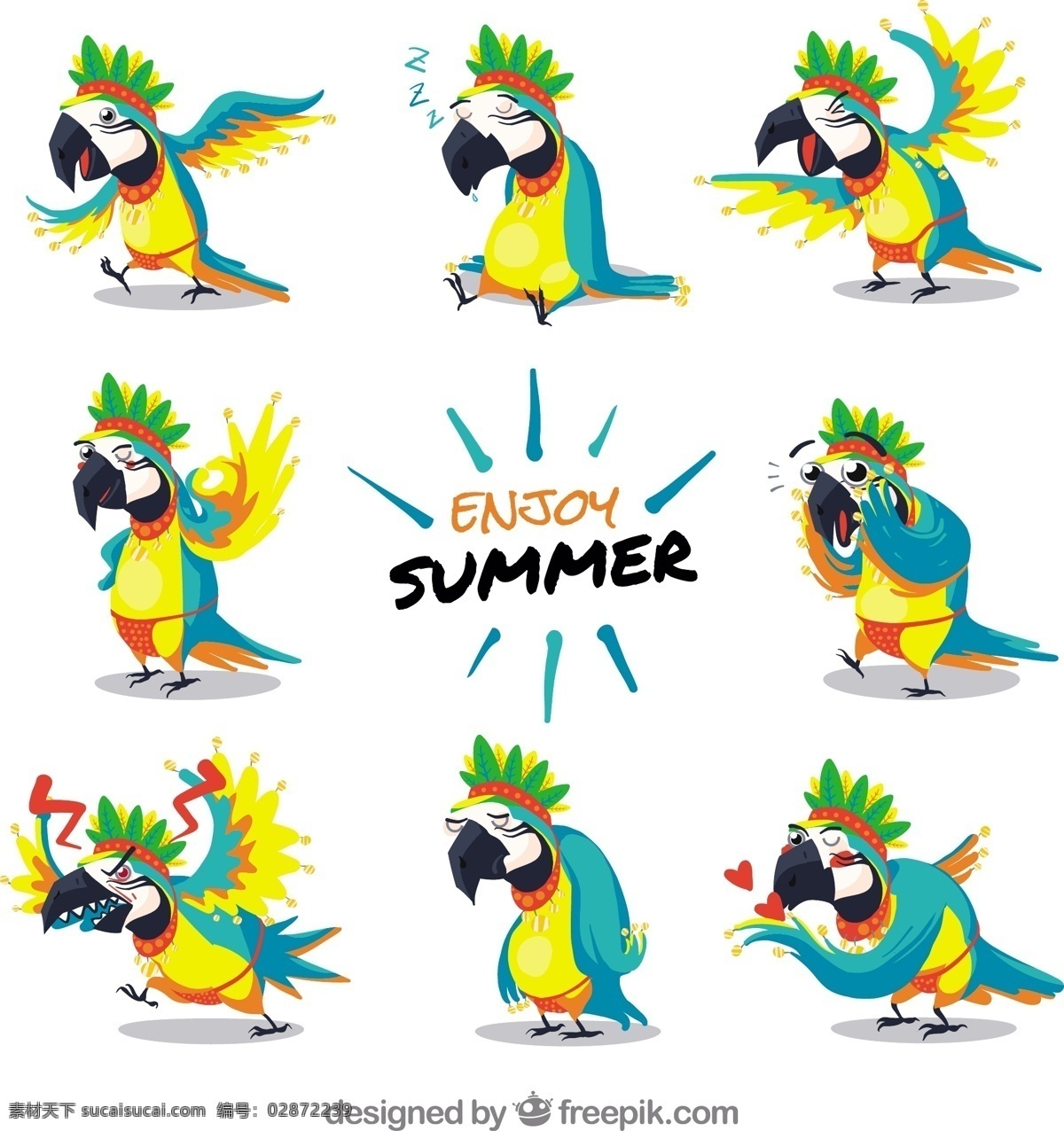 有趣 鹦鹉 字符集 夏天 性格 颜色 表达 季节 享受 设置 彩色 夏季 手势 季节性