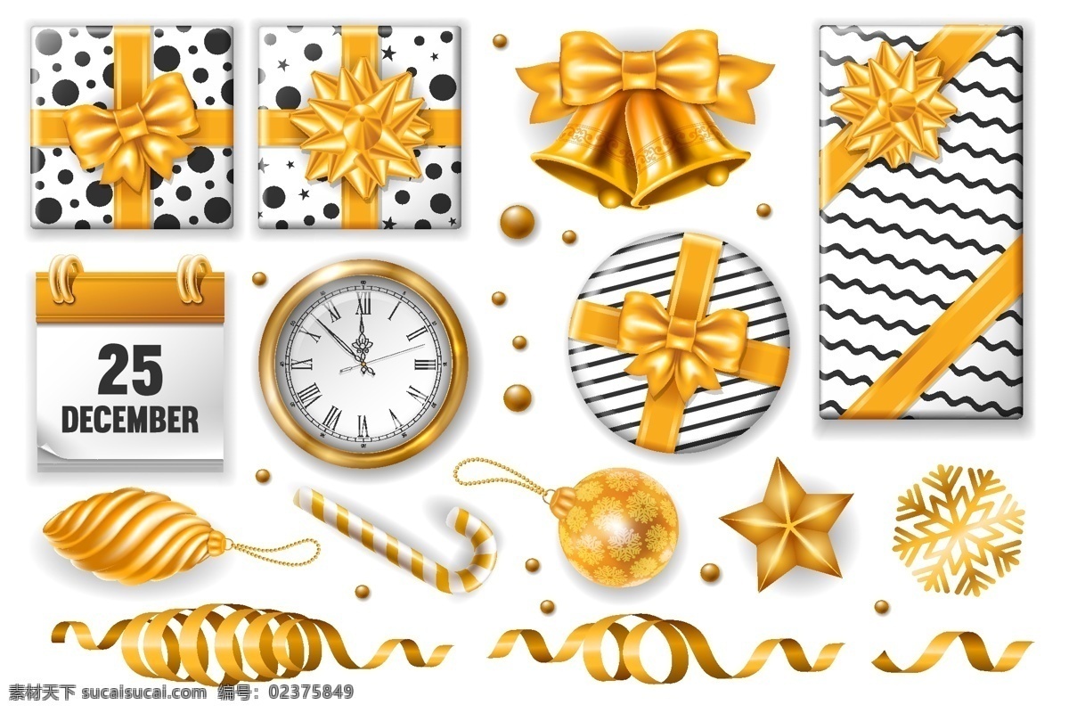 金色 礼物 装饰 矢量 节日 平面素材 设计素材 圣诞节 矢量素材