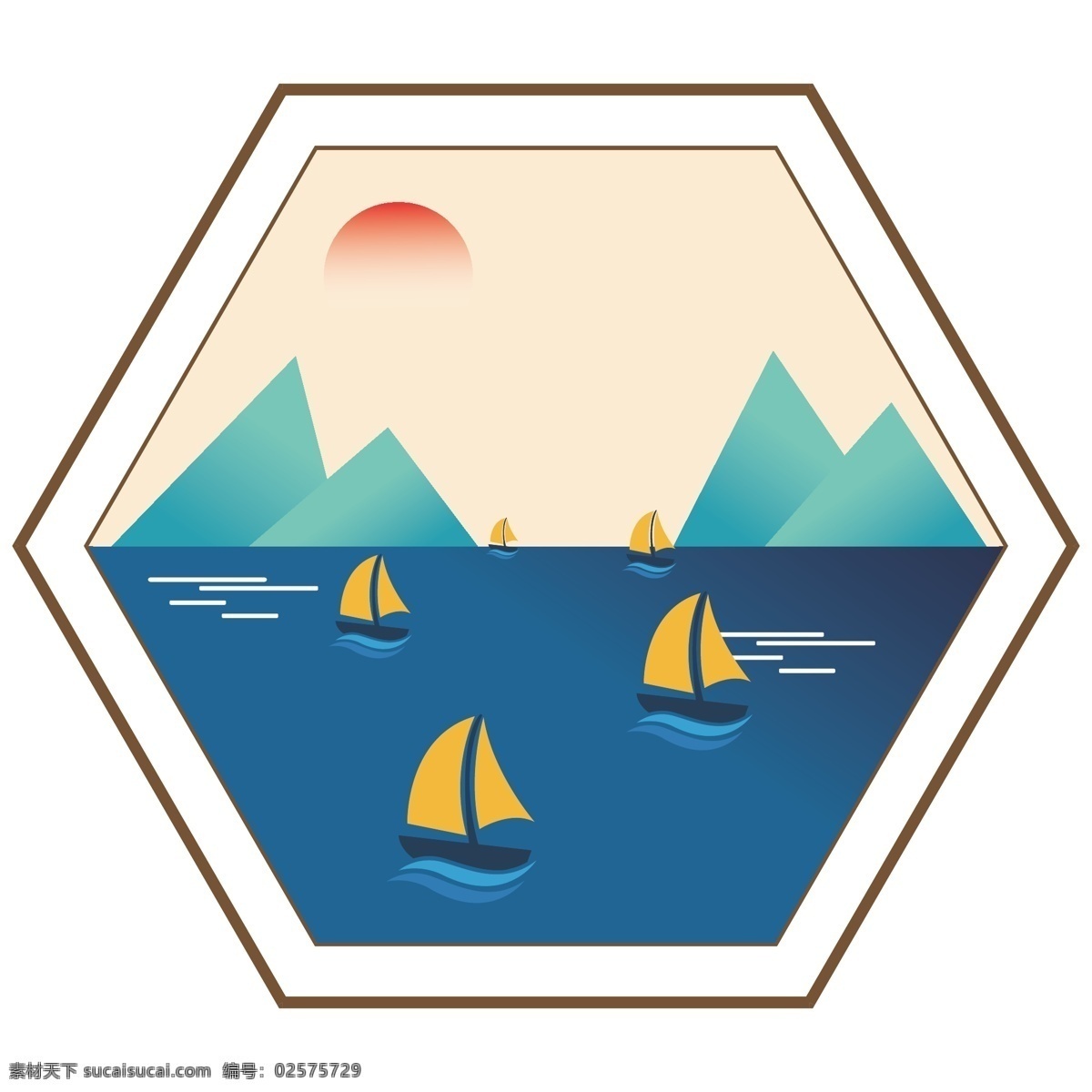 六边形 窗格 山水 装饰画 山水画 船帆 大山 落日 湖泊 室内广告设计
