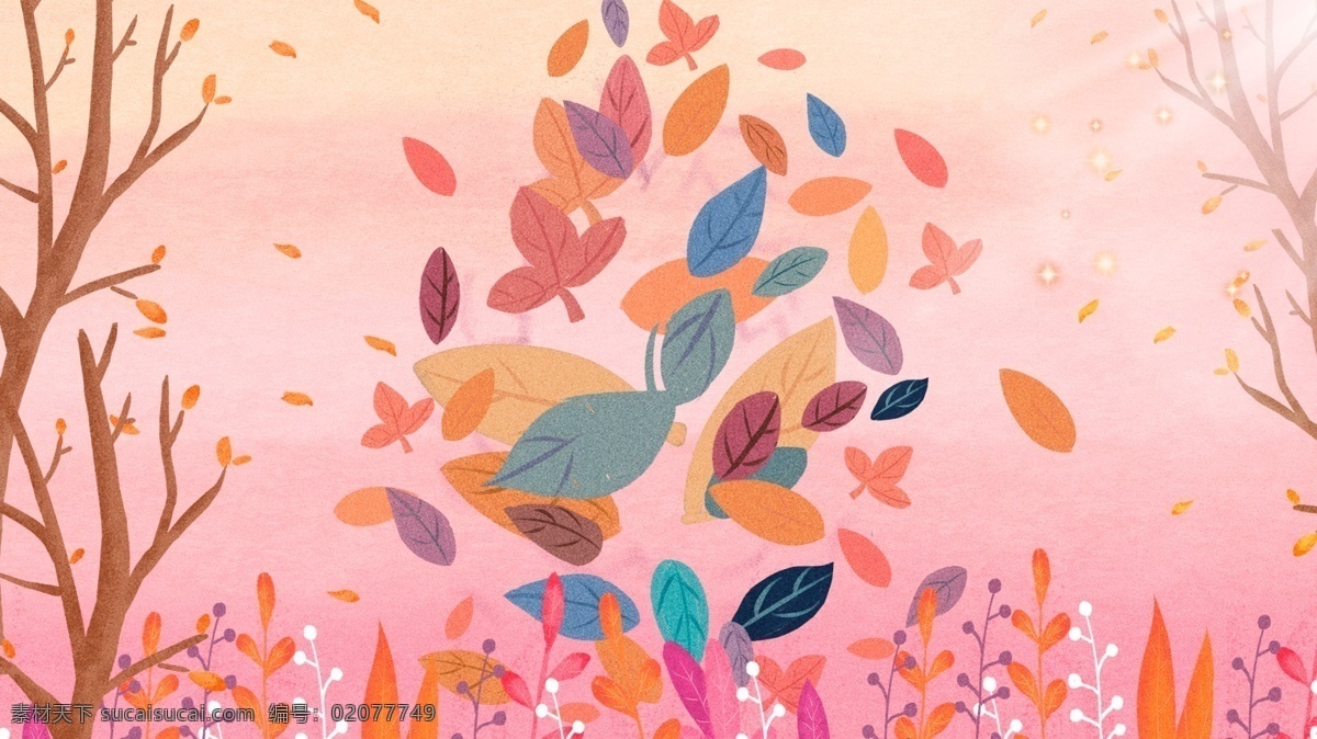 清新 粉嫩 彩色 树叶 广告 背景 广告背景 植物 小草 粉色 树干