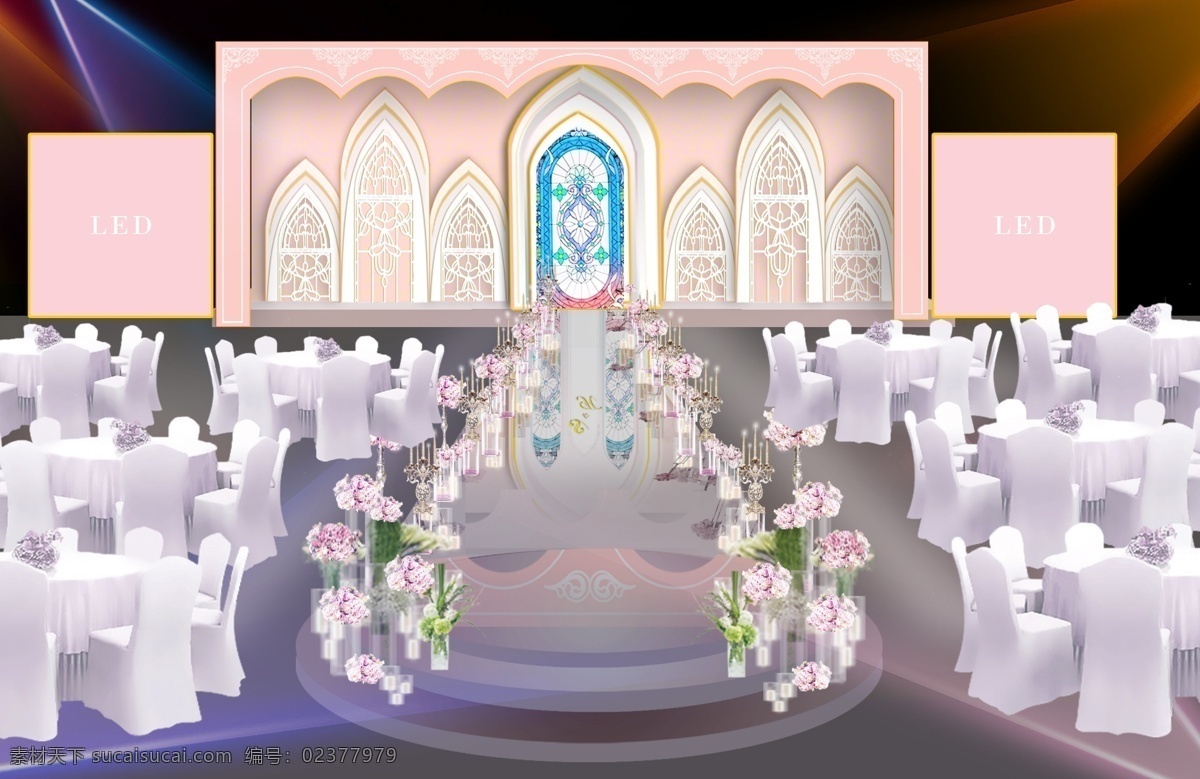 粉色 欧式 婚礼 效果图 金色 粉金 高端 奢华 花朵 路引 背景 仪式区 灯光 婚礼效果图 婚礼背景 白色