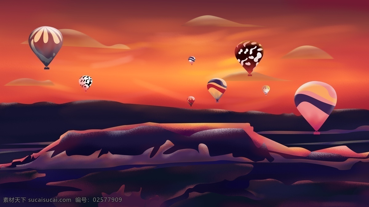 唯美 大海 天空 黄昏 背景 风景 插画 背景素材 卡通背景 热气球 广告背景 psd背景 手绘背景 黄昏背景