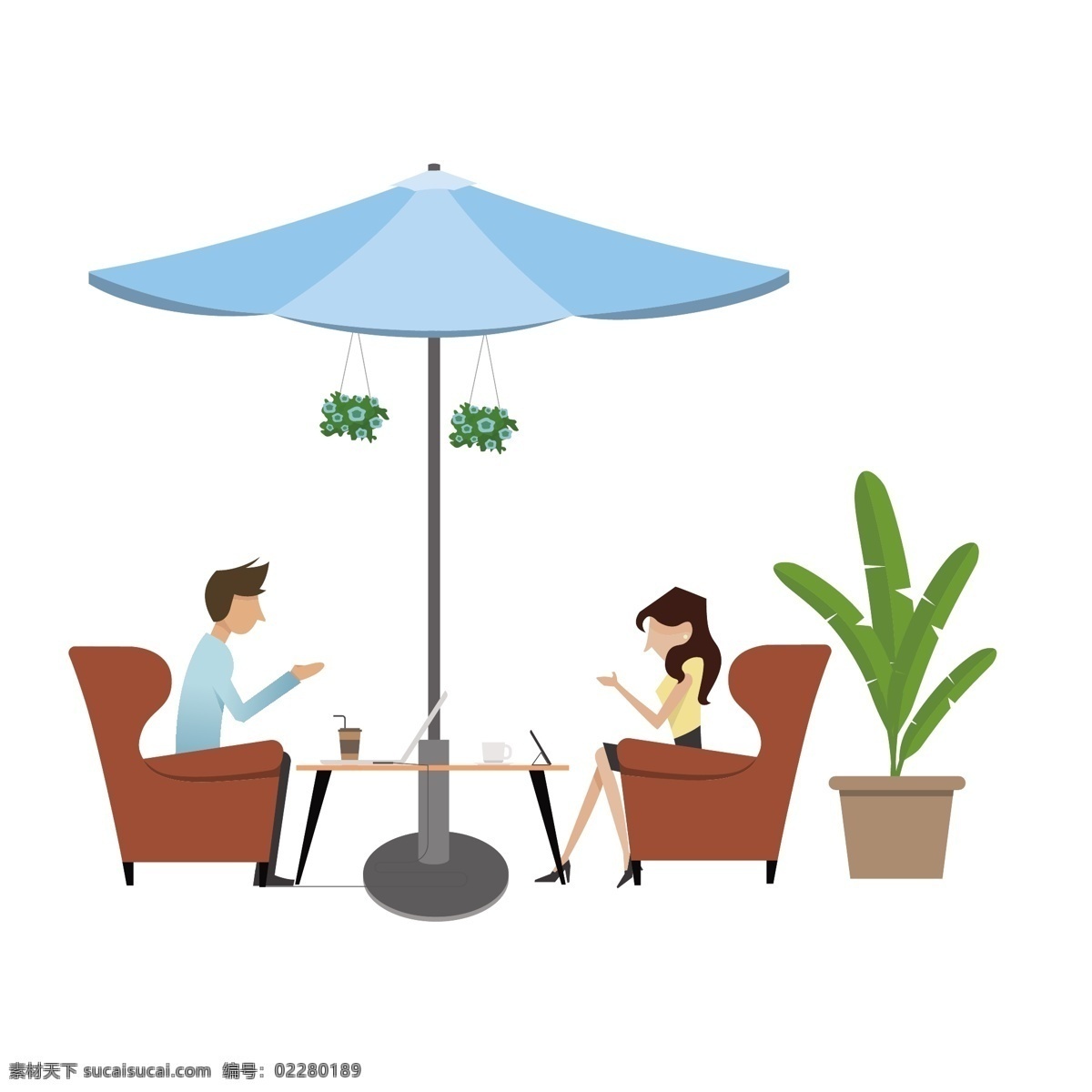 卡通 喝 咖啡 男女 矢量 咖啡男女 喝咖啡 室外 室外餐饮 约会 约会男女 晴伞 植物 绿色盆栽 浪漫男女