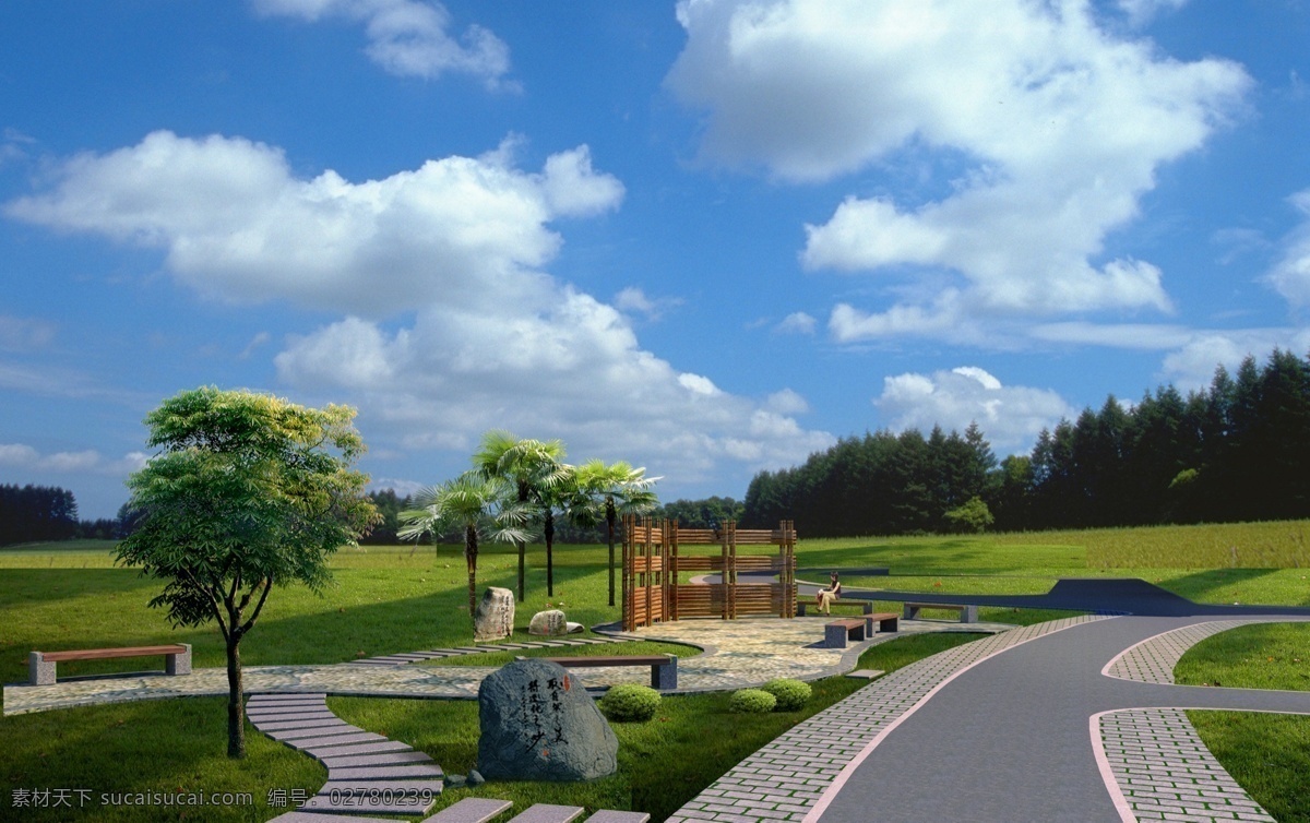 效果图素材 室外 效果图 树 灌木 配景 环境设计 道路 天空 景观设计 源文件