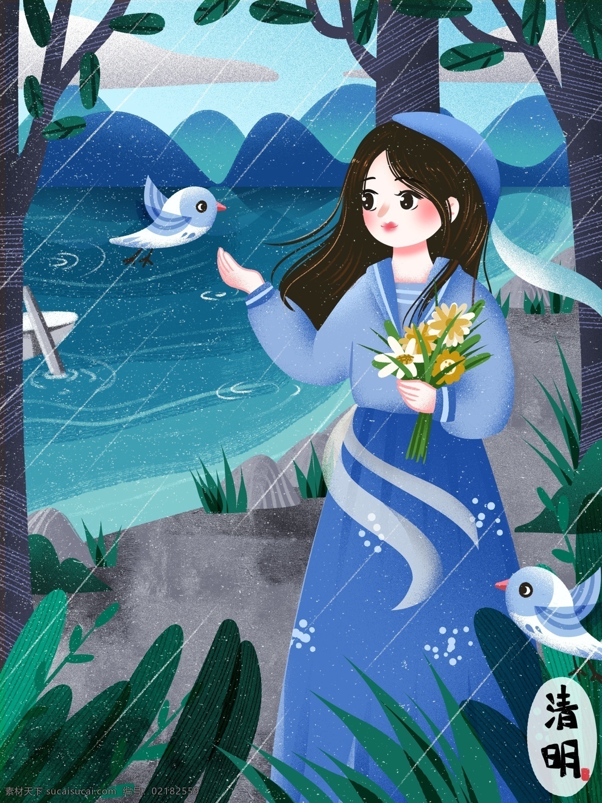 踏青 清明节 时节 雨 纷纷 花 祭祖 女孩 小鸟 清明 唯美 梦幻 治愈 鲜花 小雨 下雨 河边 树木 植物 郊游