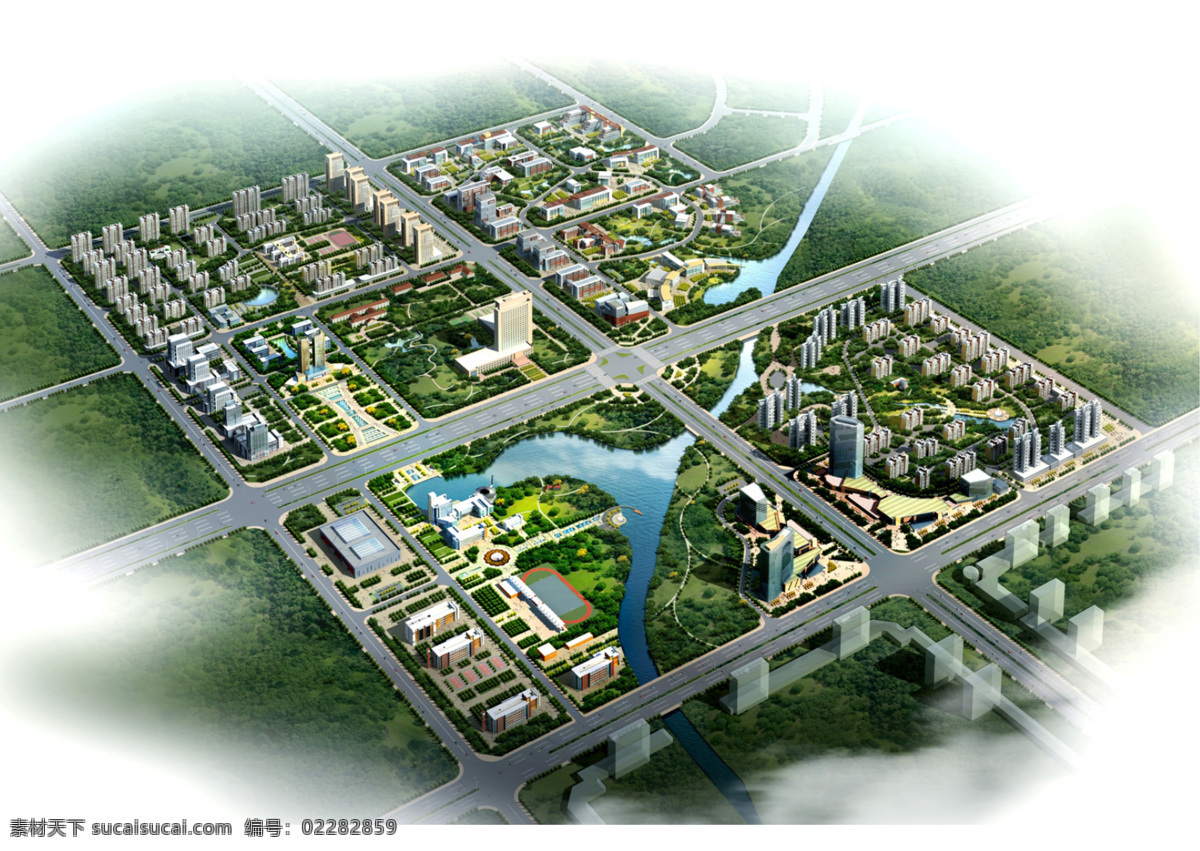 开发区 鸟瞰 效果图 学校 居住区 临河 商业综合 整体规划 环境设计 景观设计