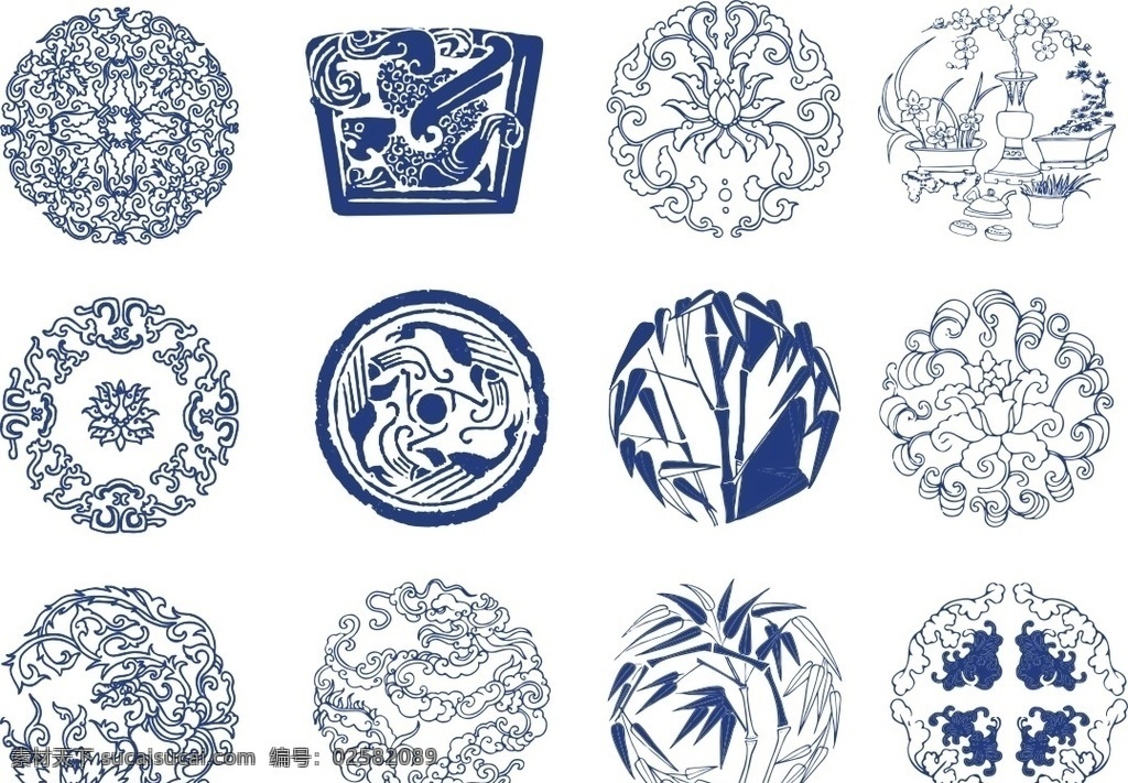 青花瓷花纹 传统 国画 白描 线描稿 青花瓷 矢量 古典 花纹 图案