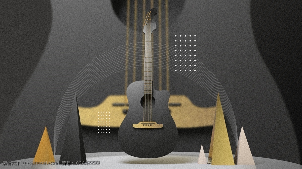 c4d 创意 吉他音乐 黑金 金属 场景 插画 音乐 大气 壁纸 吉他 乐器 质感 渐变 高端 背景 配图 启动页 肌理