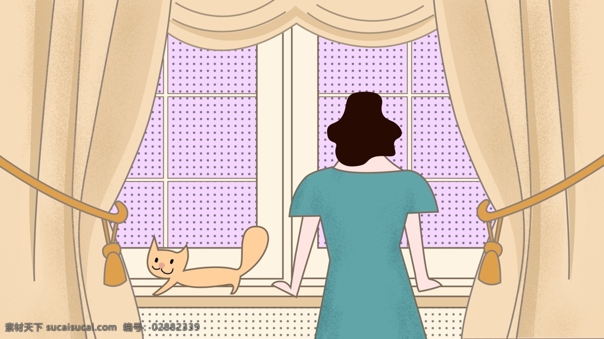 原创 插画 午夜 城 系列 看 窗外 窗帘 猫 壁纸 背景 配图 午夜之城 看窗外 女人