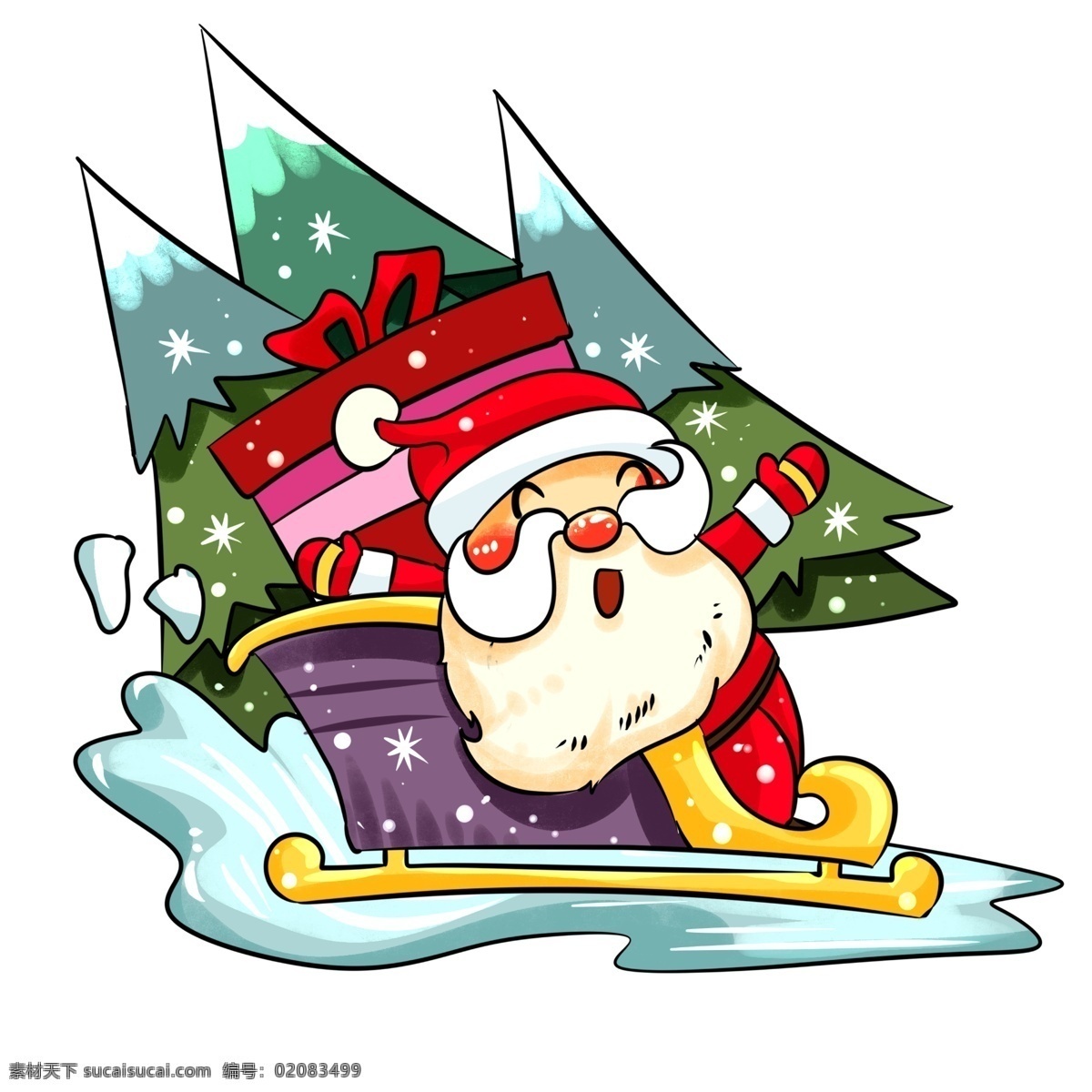 圣诞节 圣诞老人 雪橇 车 手绘 插画 手绘送礼物 礼物 圣诞节雪人 雪人 收礼 物 小朋友