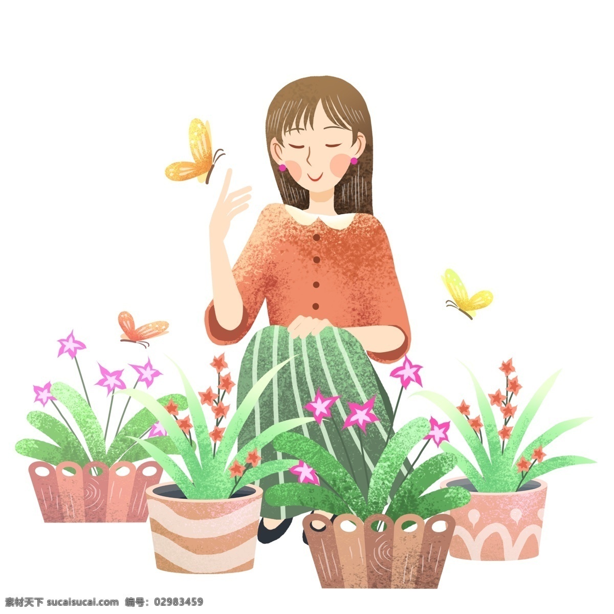 踏青 人物 蝴蝶 插画 踏青人物插画 漂亮的小女孩 黄色的蝴蝶 紫色的小花 绿色的叶子 漂亮的花盆