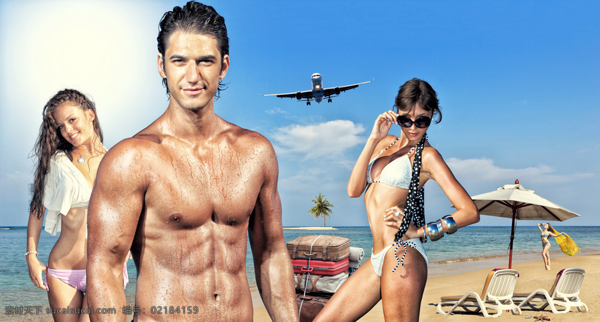 海边 度假 性感美女 男士 大海 沙滩 飞机 男人 遮阳伞 生活人物 人物图片