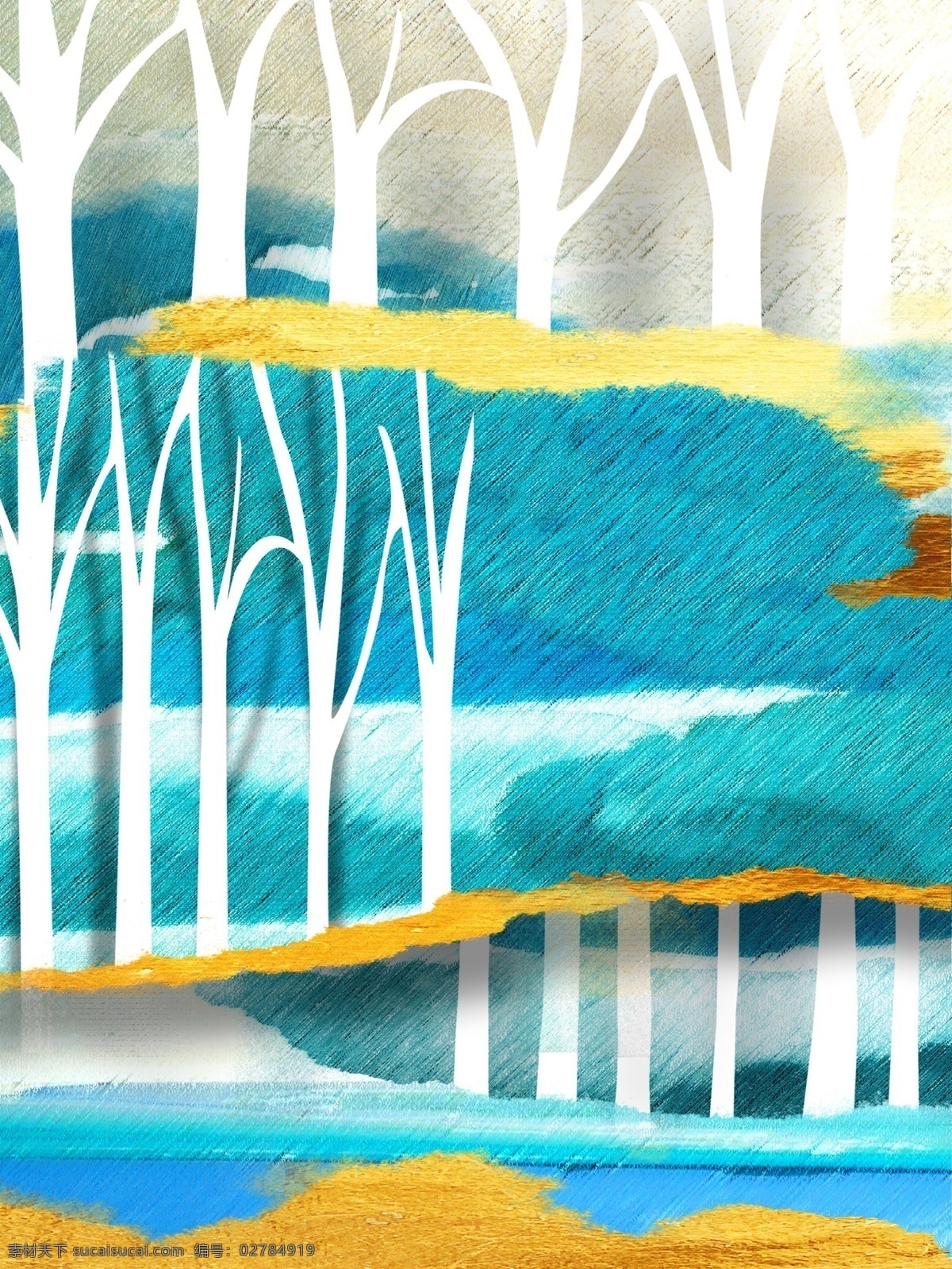 简约 白色 丛林 客厅 装饰画 纯白树林 蓝色抽象 金色边框 简约装饰画 一联画 蓝色水彩山石