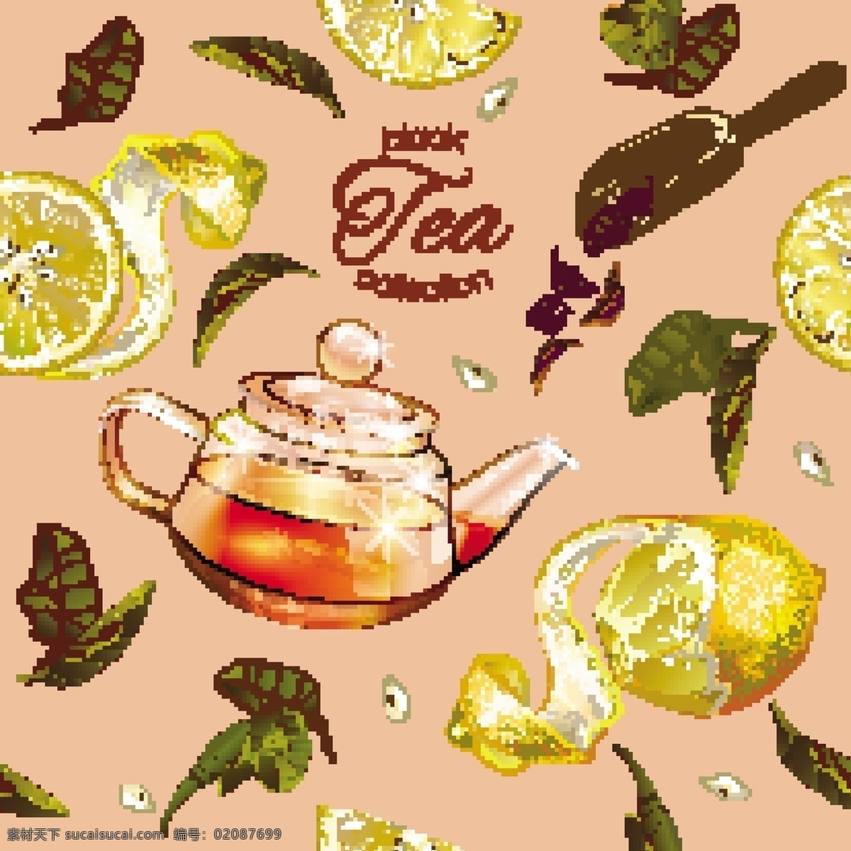 彩绘 柠檬 红茶 无缝 背景 矢量 无缝背景 茶壶 茶叶 底纹边框 花边花纹