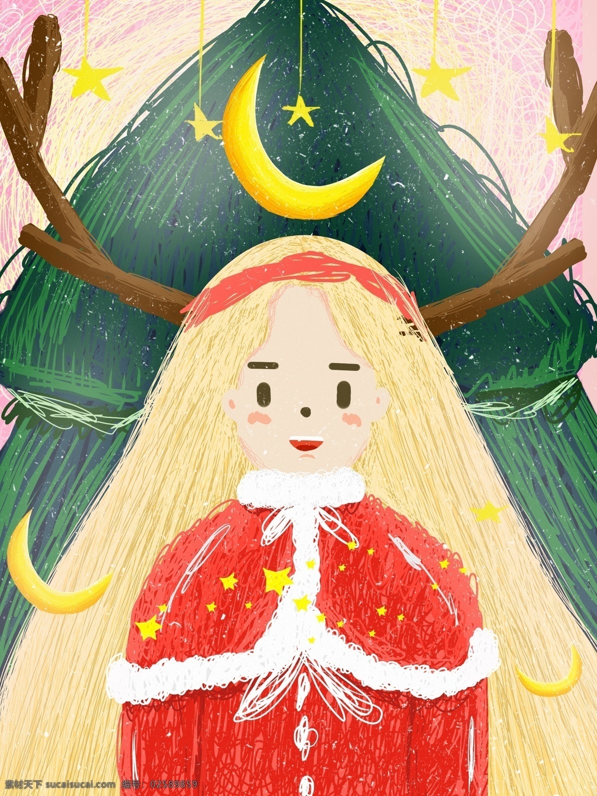 线圈 插画 圣诞节 麋鹿 女孩 可爱