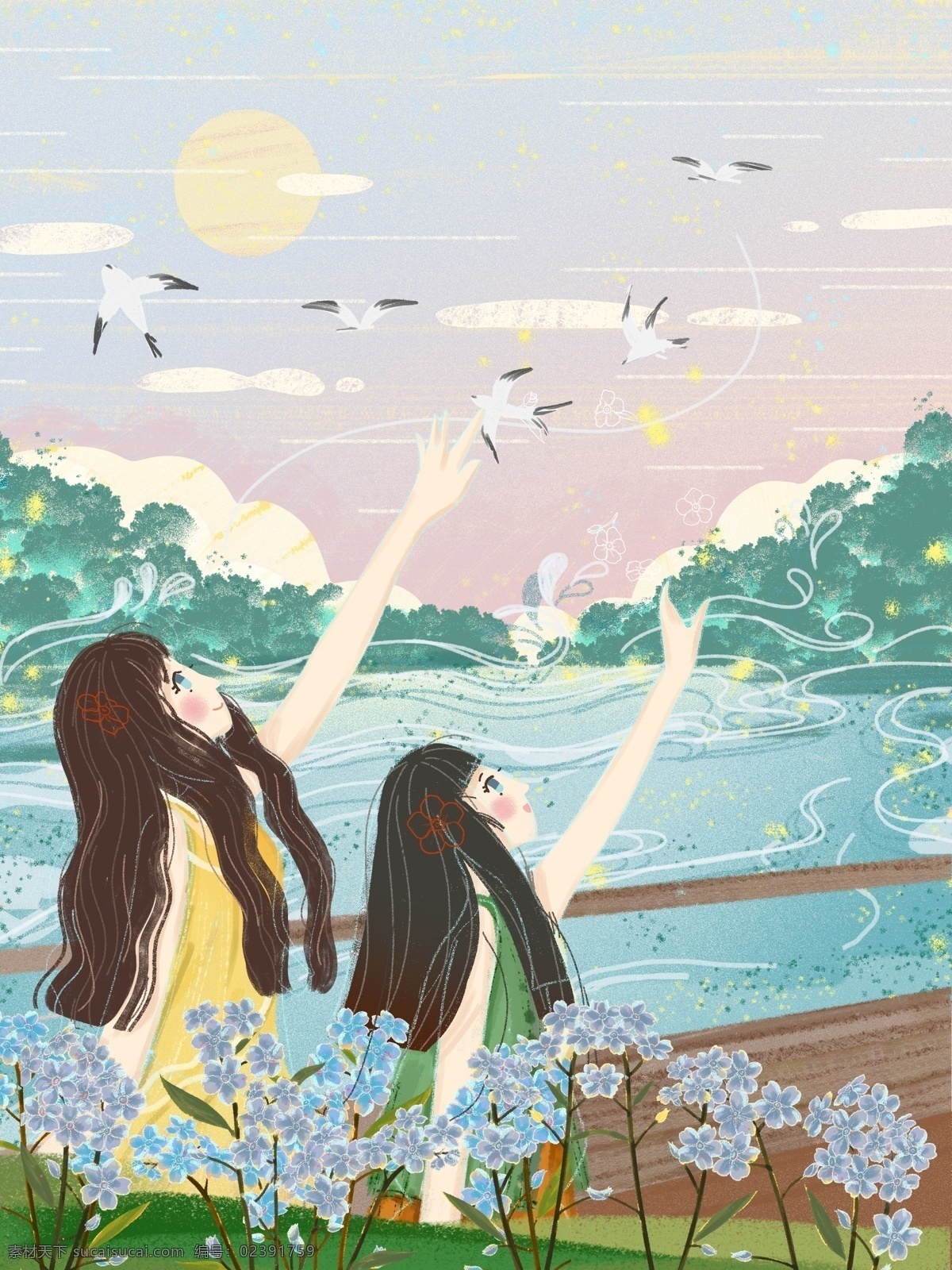 唯美 清新 一起 看 海 女孩 植物 鸟 风景 海鸥 风光 友情 友谊 温馨
