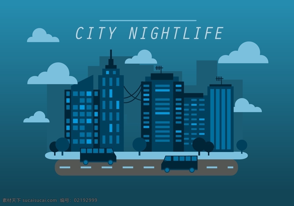 手绘 城市 夜生活 背景 蓝色 可爱 矢量 城市背景 城市生活