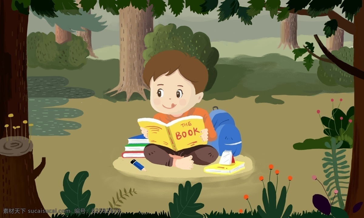 大森 林中 看书 孩子 读书 古人 书本 男生 爸爸 写字 写作业 情绪 阅读 森林 看书的孩子 电影 动漫 插画 招贴 卡通设计
