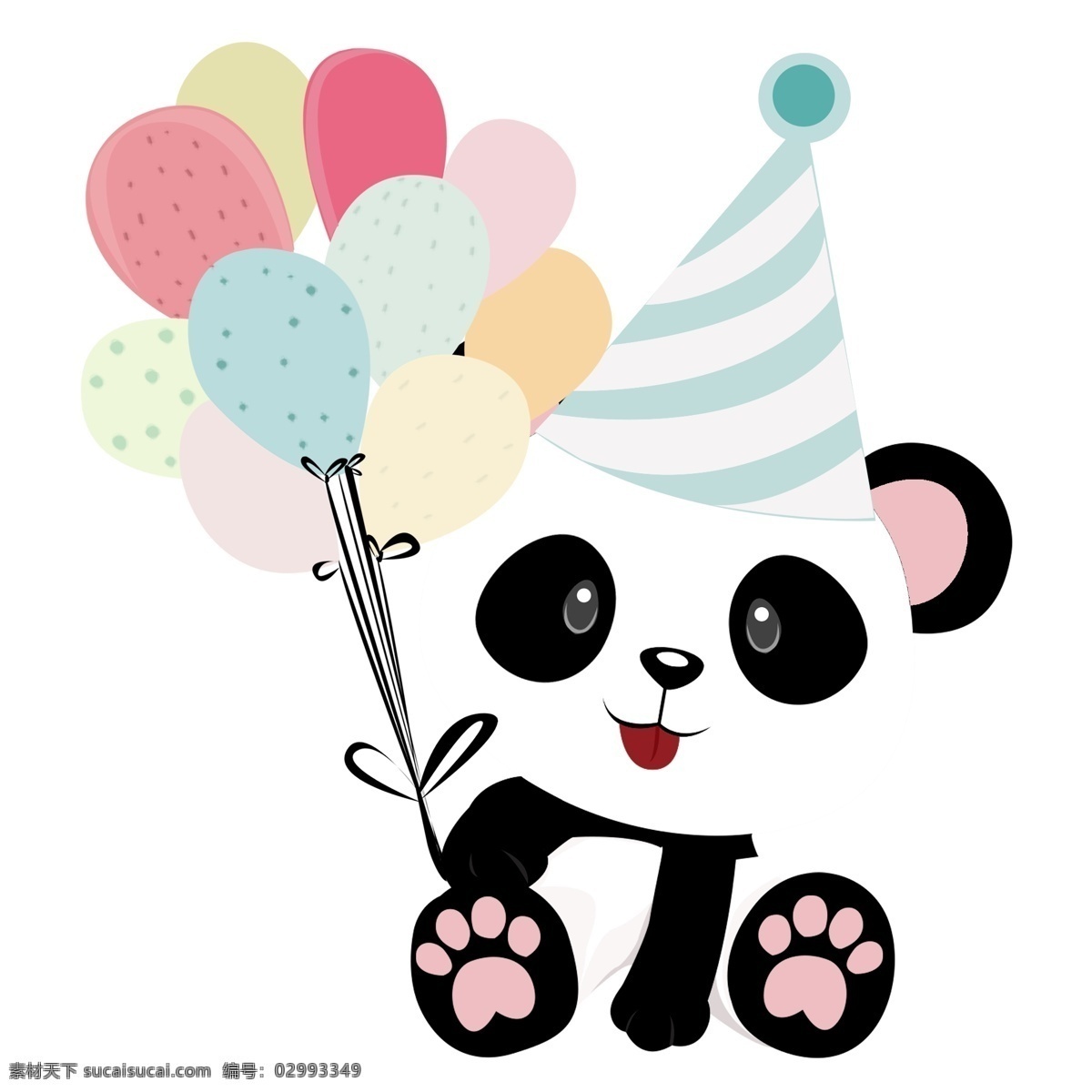 呆 萌 可爱 气球 生日 熊猫 商用 元素 扁平化 动物 插画 呆萌 生日礼帽 过生日 彩色