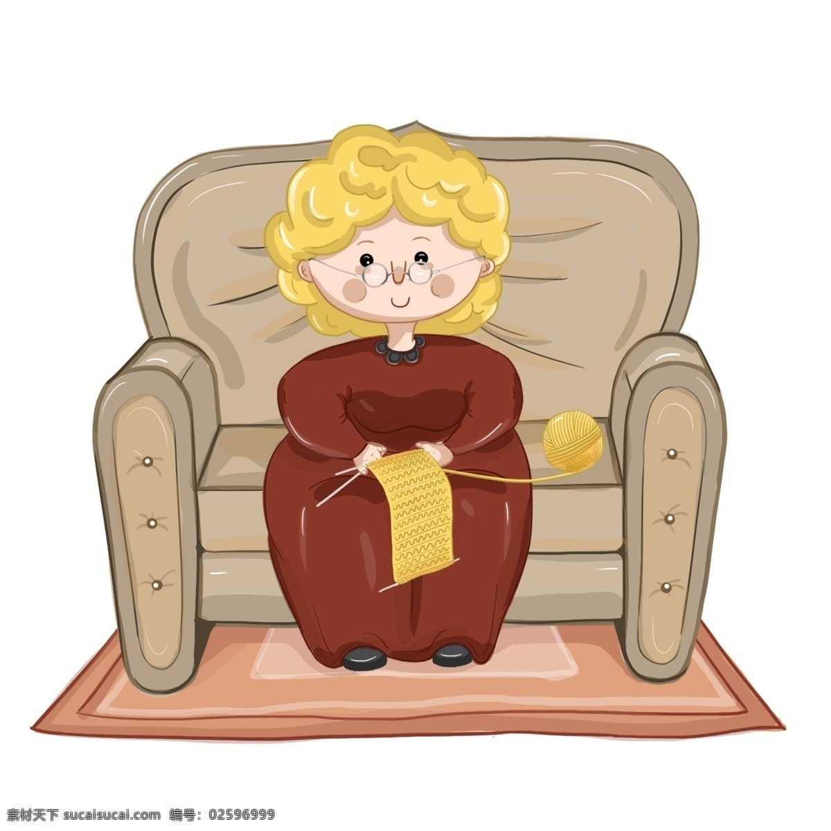 母亲节 坐在 沙发 上 织 毛衣 慈祥 母亲 妈妈 织毛衣 温柔 地毯 老奶奶 阿姨 眼镜 节日 温馨 手绘