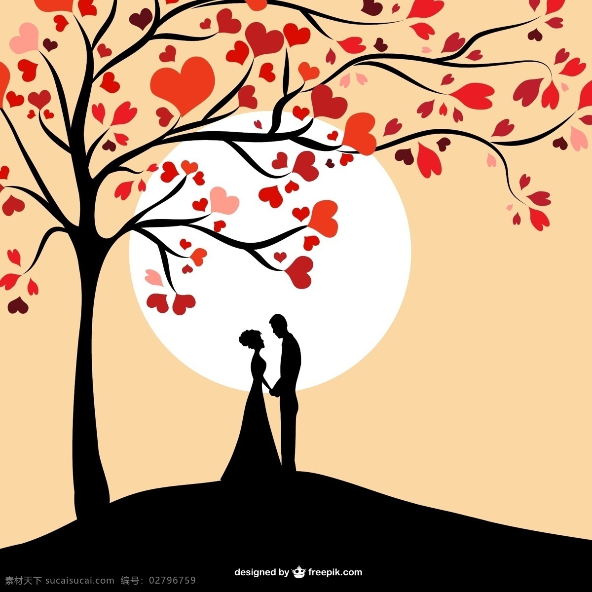 太阳 情侣 剪影 树 心 爱 卡 人 叶 情人节 叶子的轮廓 夫妻 情人节的夜晚 日落 插图 日期 女人的轮廓 树的剪影 黄色