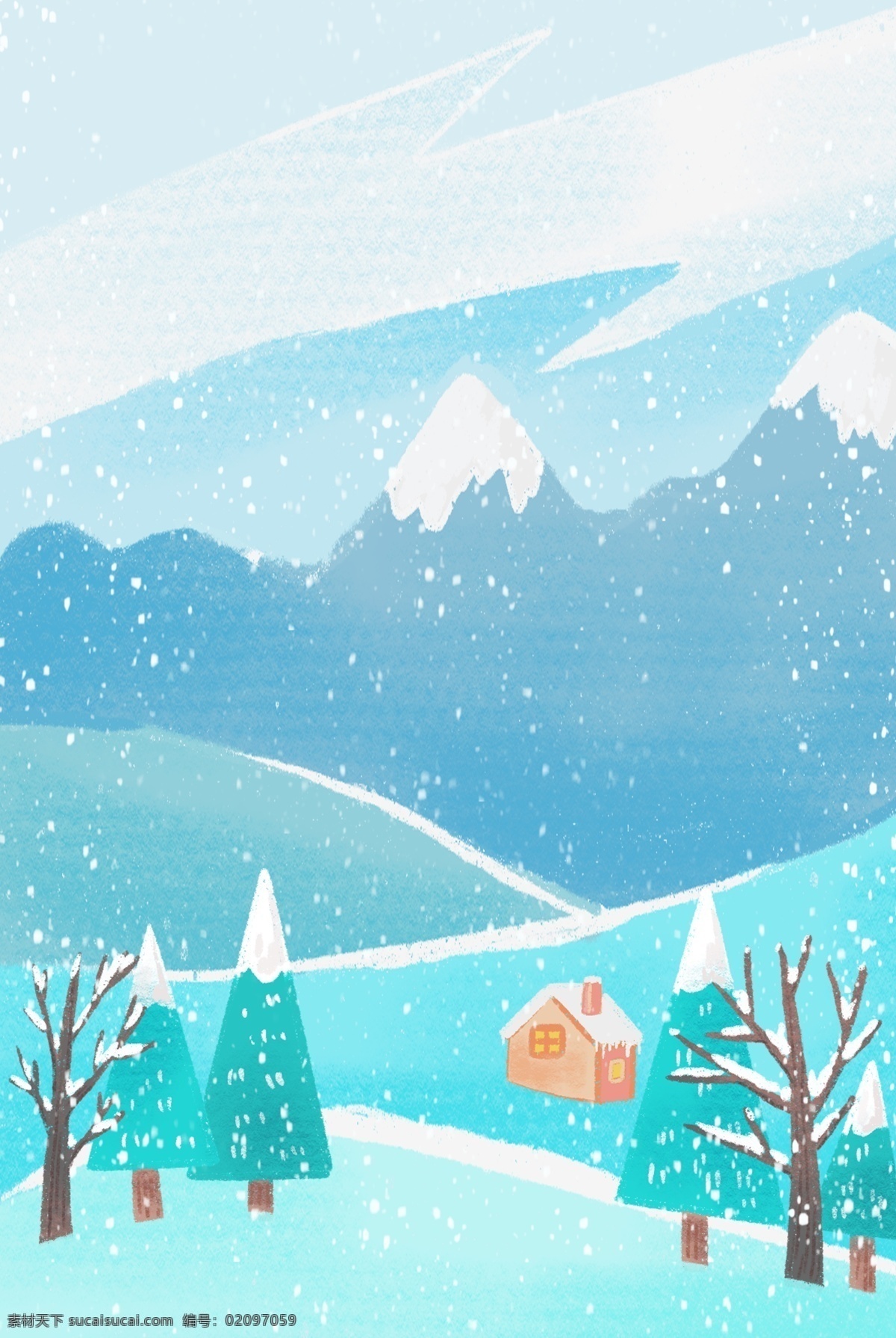 二十四节气 大寒 主题 手绘 插画 背景 大雪 雪景 冬季 房屋 松树 远山