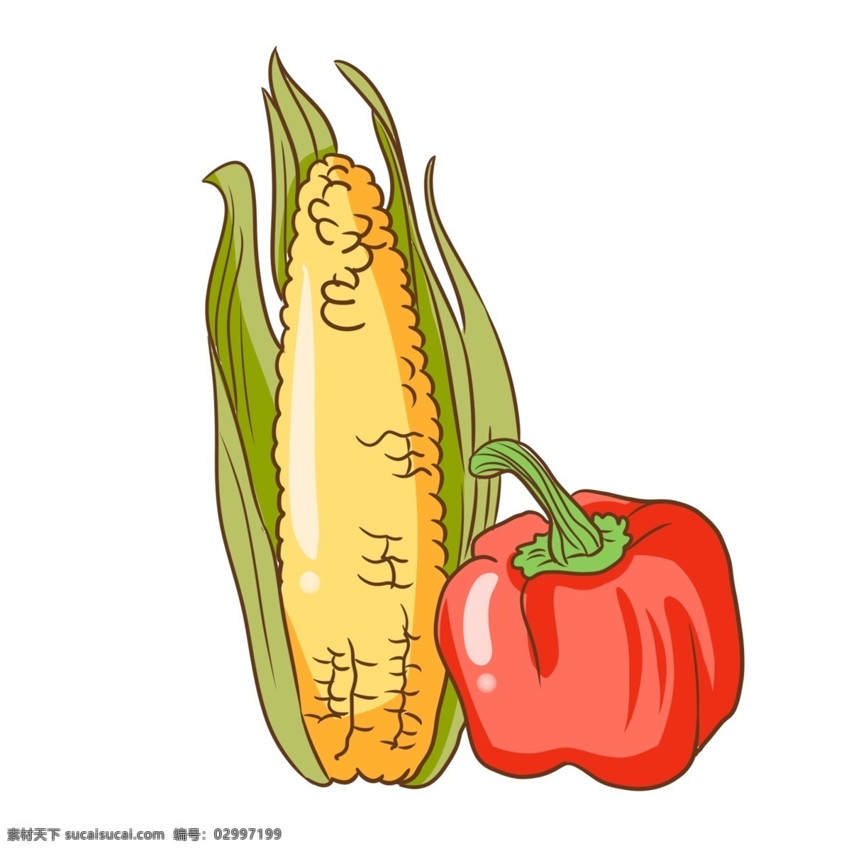 红色 菜 辣椒 插画 卡通菜辣椒 黄色的玉米 绿色的叶子 红色的菜辣椒 漂亮的菜辣椒 手绘菜辣椒