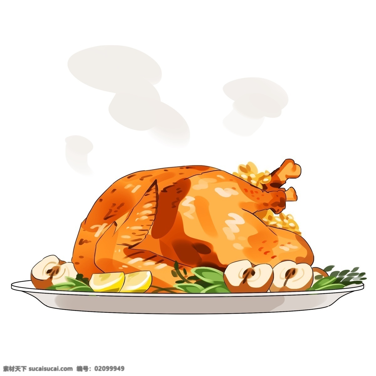 手绘 金黄色 火鸡 插画 烤火 鸡 美味的烤火鸡 诱人的烤火鸡 白色的盘子 手绘插画 创意