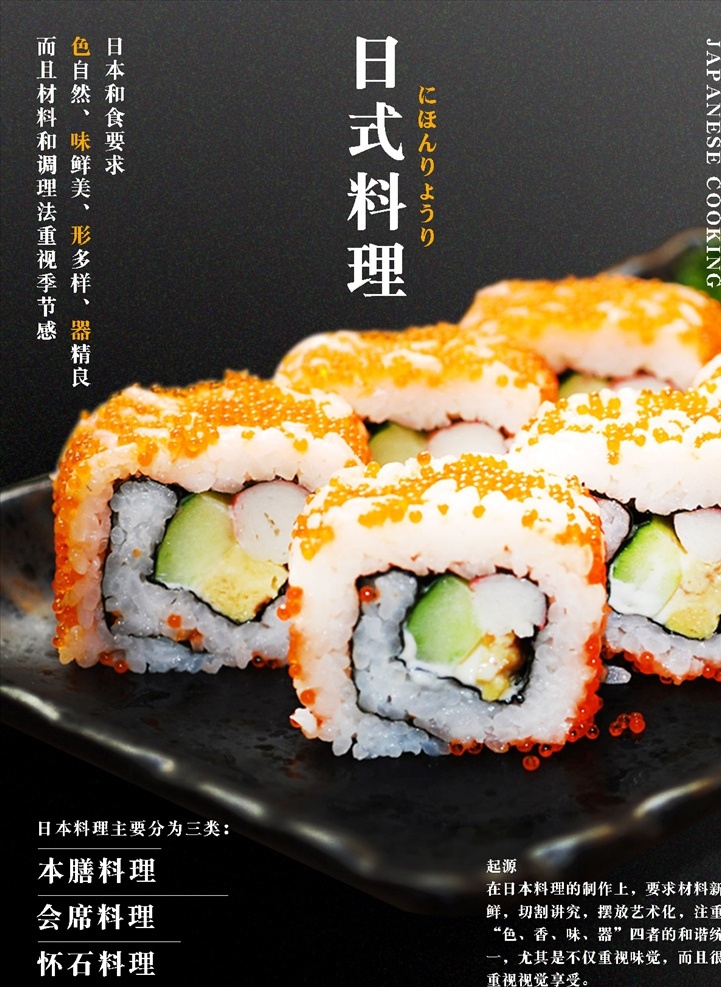 日式料理 寿司 黑色质感背景 本善料理 会席料理 怀石料理 日本和食 分层 海报