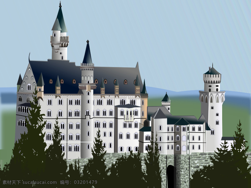 中世纪的城堡 完整 详细 版本 欧洲的 城堡 自然 树 windows 塔 细节 svg 黑色