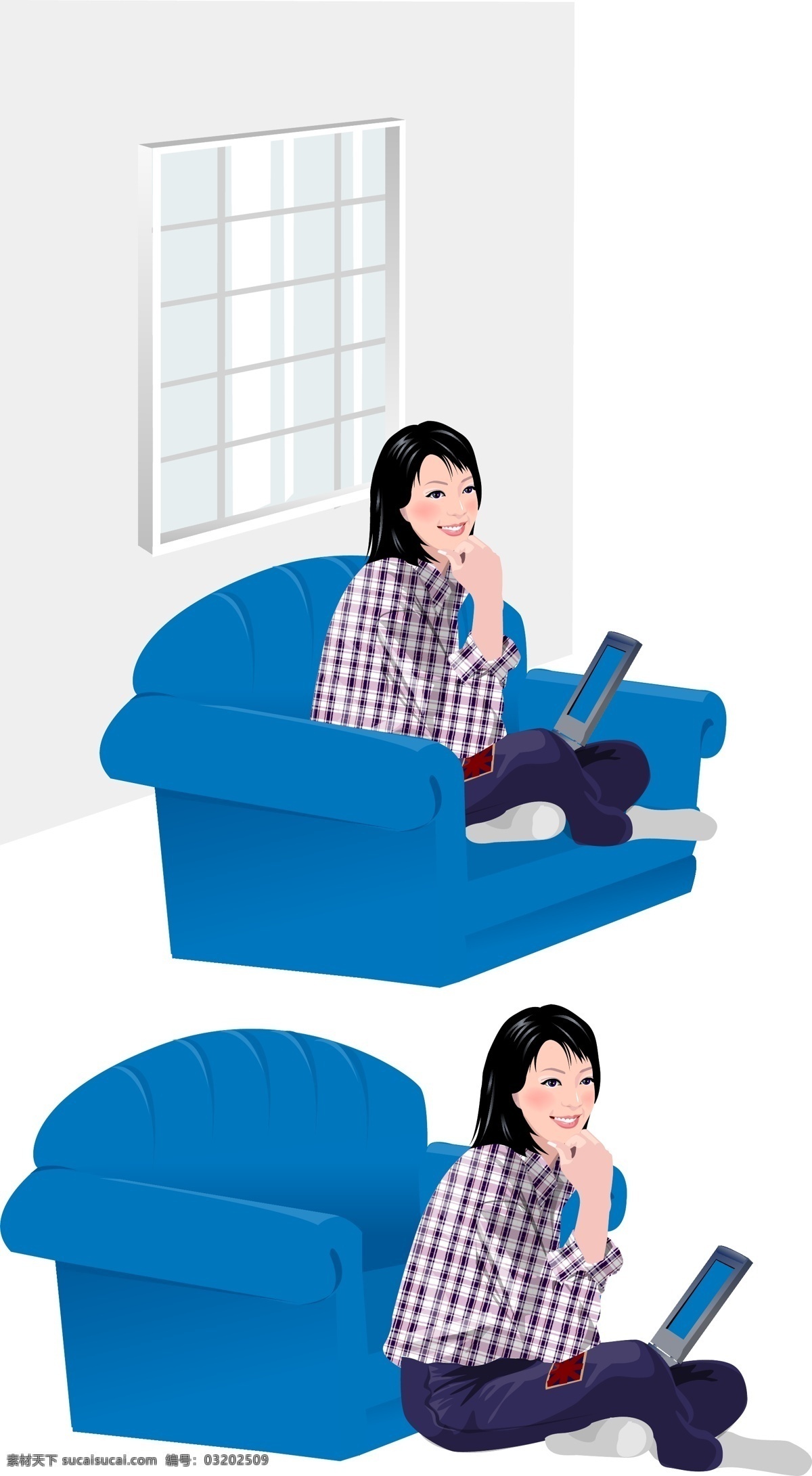 卡通 女人 矢量 背景 动漫素材 沙发 矢量素材 书