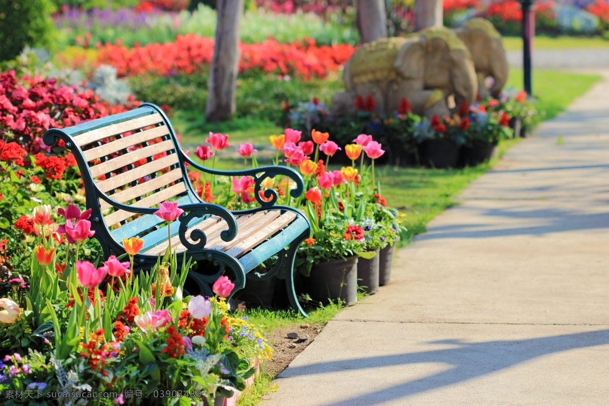 花园 公园 素材图片 花朵 鲜花 道路 椅子 自然风光 景观 休闲娱乐 山水风景 风景图片