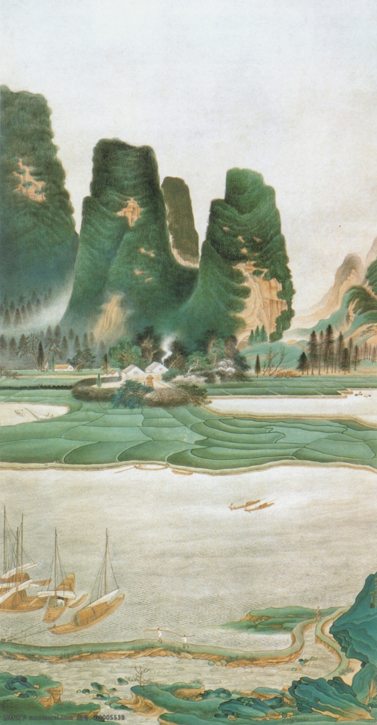 桂林 山水 图 传统 水墨 炊烟 船 房舍 中国 现代 篇 文化艺术 绘画书法