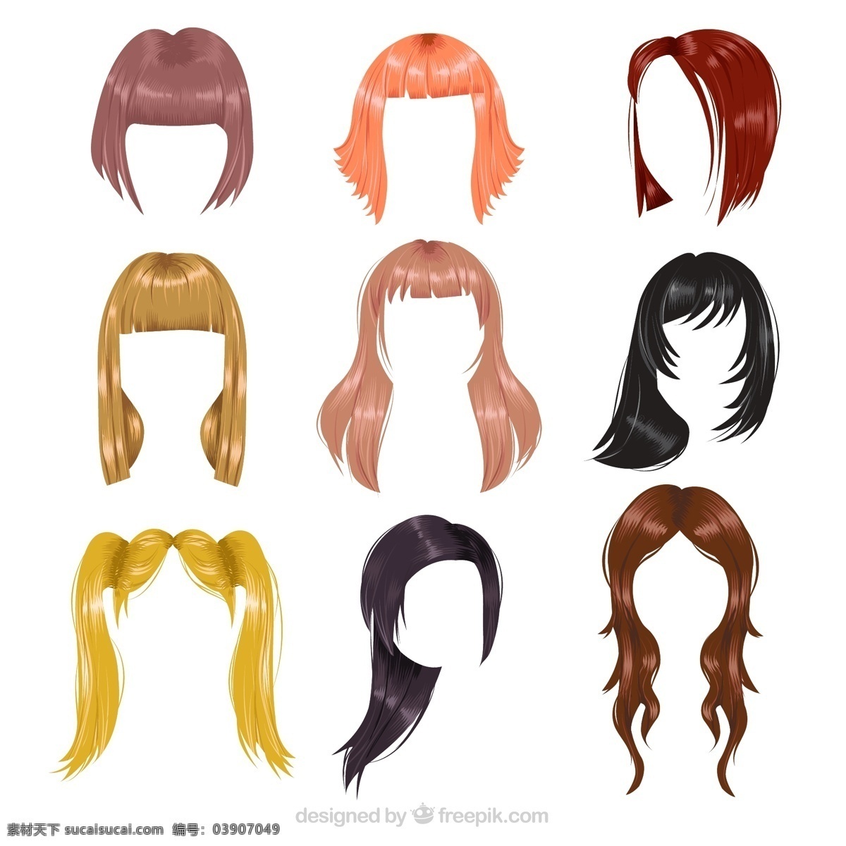 款 彩色 女子 发型设计 矢量图 卡通 染发 发型 长发 卷发 短发 披肩发 白色