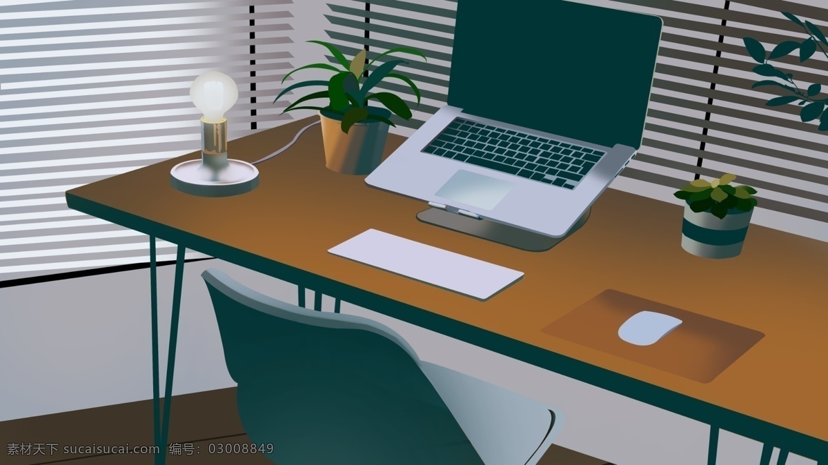 商务办公场景 插画 简约 电脑 场景 植物 办公桌 写实