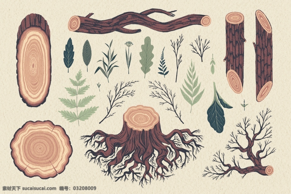 手绘 各种 树木 树叶 形态 源文件 树根 树桩 树枝 卡通 装饰图案